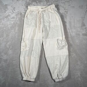 POL Women's Pants Patchwork Jogger Lagenlook Artsy Gauzy S Cream/Gray